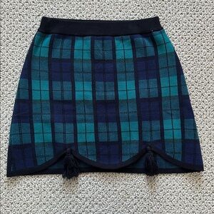 Rachel Antonoff holiday blue green plaid knit mini skirt XS